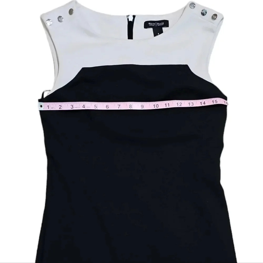 White House Black Market Women’s 8 Black White Sheath Dress Silver Button Mod - Picture 7 of 8